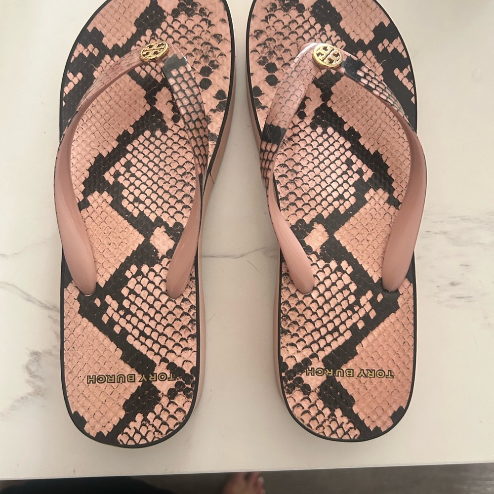 Tory Burch Pink and Black Snake Print Sandals